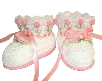 Pink Tulip Baby Booties, Crochet Baby Booties, Crochet Pink Tulip Flowers, Baby Girl Newborn, Baby Shower Gift