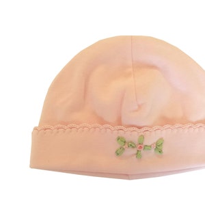 Pink Cotton Baby Beanie, Organic Cotton, Victorian Baby Bonnet, Hand Embroirederd Beanie, Going Home Bonnet, Baby Shower Gift