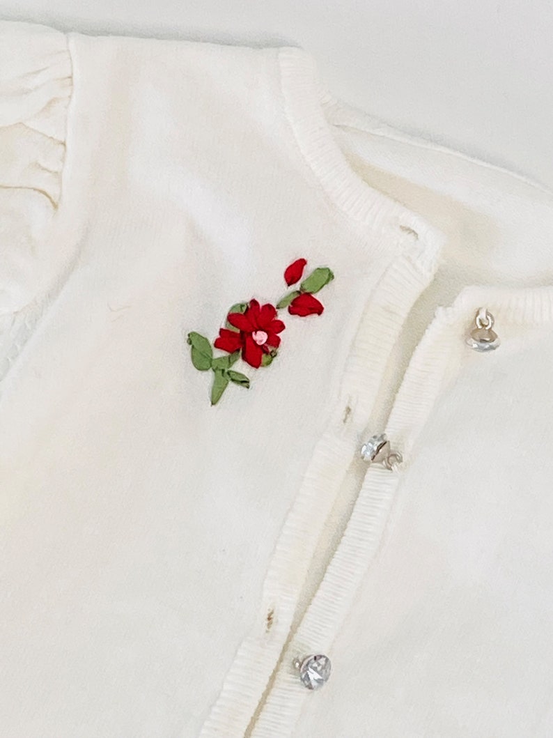 Victorian Girls White/Cream Cotton Sweater Rhinestone Sweater Hand Silk Embroidered Flower Silk Bow image 3