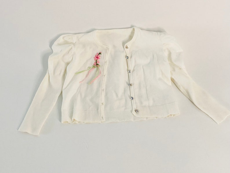 Victorian Girls White/Cream Cotton Sweater Rhinestone Sweater Hand Silk Embroidered Flower Silk Bow image 6