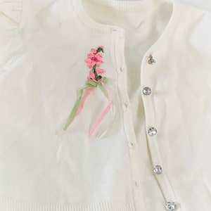 Victorian Girls White/Cream Cotton Sweater Rhinestone Sweater Hand Silk Embroidered Flower Silk Bow image 5