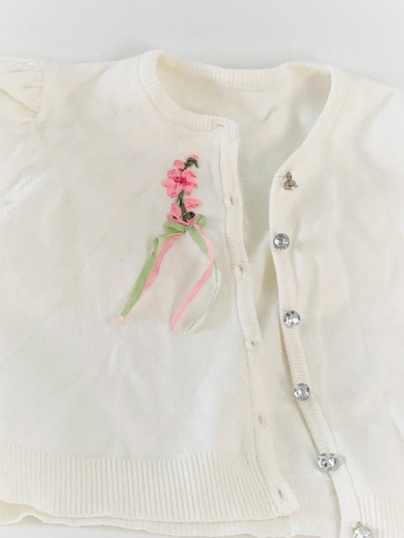 Victorian Girls White/Cream Cotton Sweater Rhinestone Sweater Hand Silk Embroidered Flower Silk Bow image 5