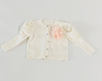 Victorian Girls White/Cream Cotton Sweater - Rhinestone Sweater - Hand Silk Embroidered - Flower Silk Bow