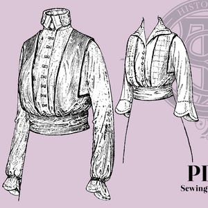 May include: Black and white illustration of two vintage blouses. The blouses have long sleeves, high collars, and button-down fronts. The image includes the text "PDF Sewing Pattern" and a circular logo with the words "Historical Patterns".