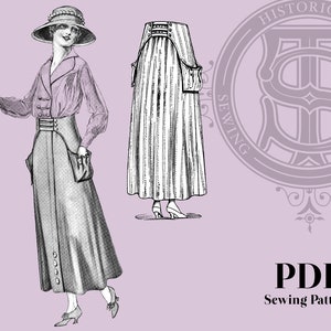 Puede incluir: Un patrón de costura vintage para una falda de cintura alta con bolsillos. El patrón está ilustrado con una mujer que lleva la falda y un sombrero. El texto "Historical Sewing Patterns" y "PDF Sewing Pattern" está incluido en la imagen.