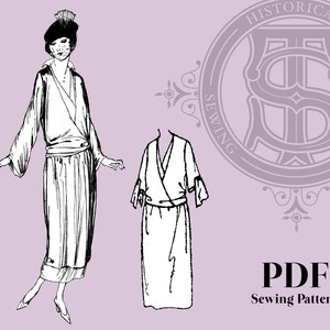 May include: A black and white line drawing of a vintage women's dress pattern. The pattern is for a long, wrap dress with a V-neckline and long sleeves. The dress has a belt at the waist. The image includes the text "PDF Sewing Pattern".