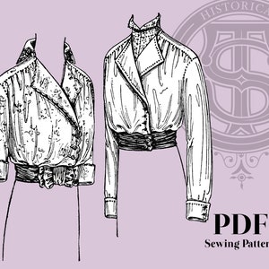 Puede incluir: Dos patrones de costura vintage para blusas, uno con cuello fruncido y el otro con cuello alto. Los patrones son dibujos de línea en blanco y negro sobre un fondo morado claro. El texto "Historical Patterns" y "PDF Sewing Pattern" también se incluye en la imagen.