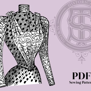 May include: A black and white illustration of a vintage dress pattern. The dress has a fitted bodice and a full skirt. The pattern is for a PDF sewing pattern.