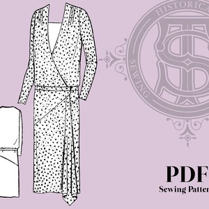 May include: A black and white polka dot wrap dress sewing pattern. The pattern includes a long-sleeved dress with a V-neckline and a wrap skirt. The pattern is available as a PDF download.  "Historical Sewing Patterns" is printed in a circle on the right side of the image.
