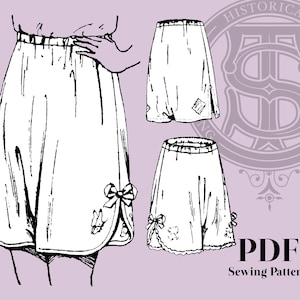 May include: A black and white line drawing of a sewing pattern for a pair of bloomers. The pattern includes two views, one with a bow at the bottom of each leg and the other with a lace trim. The pattern is labelled "PDF Sewing Pattern".
