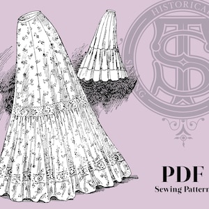 May include: A black and white line drawing of a vintage skirt pattern. The skirt is a long, full skirt with multiple layers. The pattern is labeled "PDF Sewing Pattern".