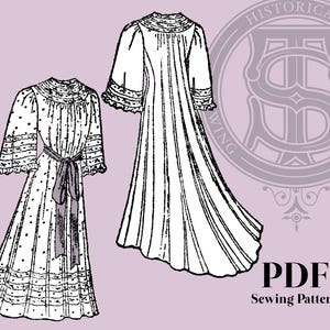 May include: Line drawings of two vintage dresses, one with polka dots and a sash, the other with vertical pleats. The image includes the text "PDF Sewing Pattern" and a circular logo with the words "Historical Patterns". The background is a light purple color.