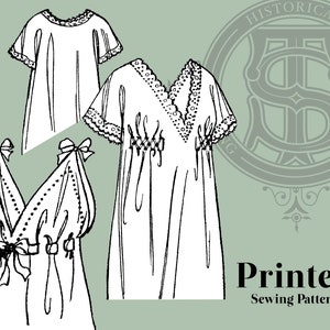Peut inclure: Un dessin au trait noir et blanc de trois styles différents de chemises de nuit vintage. L'image est sur un fond vert avec le texte "Historical Sewing Patterns" et "Printed Sewing Pattern".