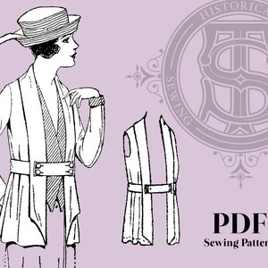 Puede incluir: Un dibujo en blanco y negro de una chaqueta vintage para mujer con cinturón. La chaqueta tiene un cuello chal y mangas largas. El dibujo está sobre un fondo morado claro con el texto "HISTORICAL SEWING PATTERNS" en un círculo y "PDF Sewing Pattern" debajo del dibujo.