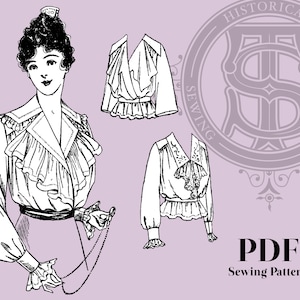 May include: A vintage sewing pattern for a blouse with a ruffled collar and cuffs. The pattern is illustrated with a woman wearing the blouse and three separate views of the blouse. The pattern is titled "Historical Sewing Patterns" and includes the text "PDF Sewing Pattern".