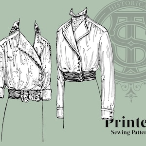 May include: Two vintage sewing patterns for blouses with long sleeves and a high collar. The patterns are printed on paper and include instructions for making the blouses. The text on the image reads "Historical Patterns" and "Printed Sewing Pattern".