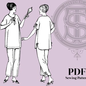 以下が含まれることがあります： ゆったりとしたトップスとパンツのヴィンテージの裁縫パターンの白黒の線画。パターンには「Historical Sewing Patterns」と「PDF Sewing Pattern」のラベルが貼られています。