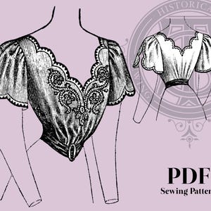 May include: Black and white illustration of a vintage bodice with a scalloped neckline and sleeves. The bodice features intricate floral embroidery and a fitted waist. A second smaller illustration of the bodice is in the background. The text "PDF Sewing Pattern" is at the bottom.