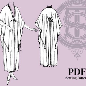 May include: A black and white line drawing of a long, loose-fitting garment with wide sleeves, a V-neckline, and a decorative closure at the chest. The illustration shows both front and back views of the clothing. Text includes PDF Sewing Pattern.