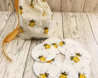 Reusable Face Pads with Wash Bag, Cotton Rounds, Face Wipes, Zero Waste, Ecofriendly, Face Scrubbies, Gift For Her, Bumblebee gift