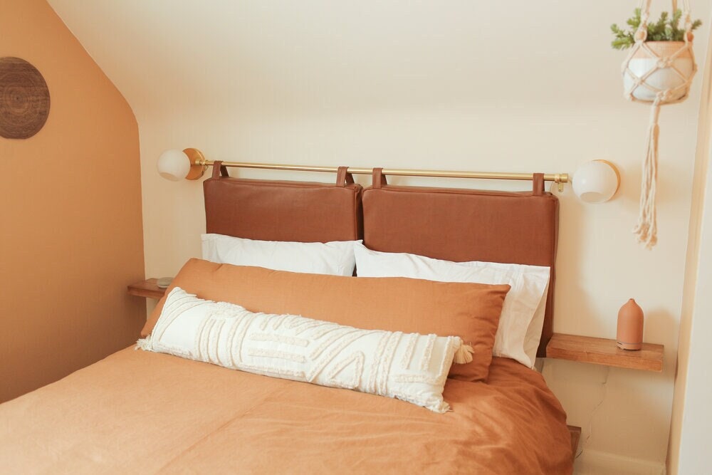 Tan Leather Hanging Headboard with Straps - Queen