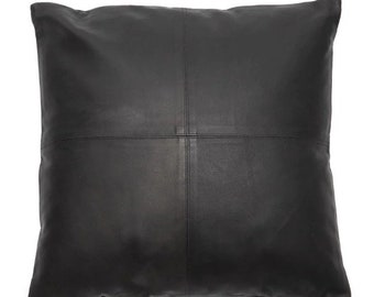 Handmade Black Leather Pillow Cover, Suede Back, Moroccan Cushion