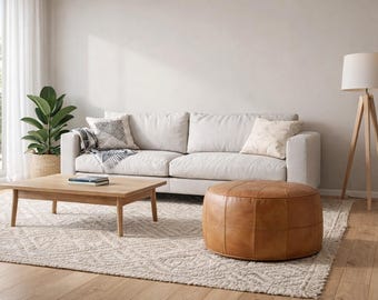 Handmade Moroccan Leather Ottoman Pouf, Round Footstool Coffee Table