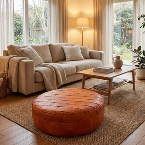 Handmade Moroccan Leather Pouf, Patchwork Ottoman Footstool