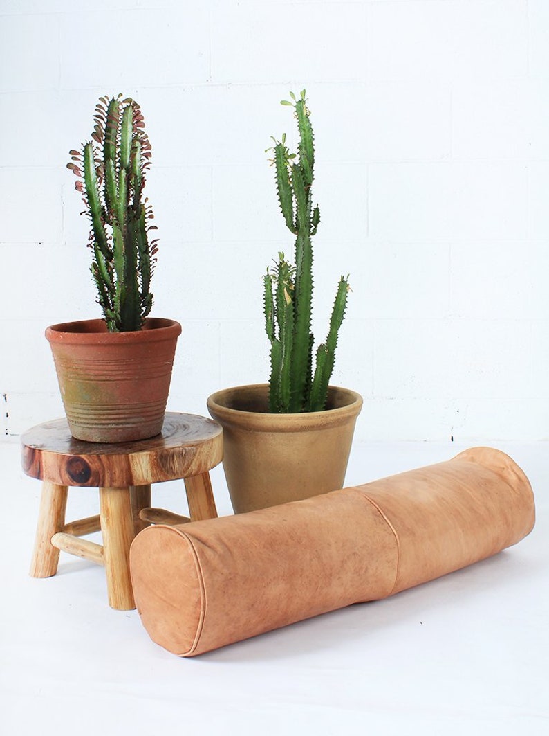 May include: Two potted cacti with green stems and a brown terracotta pot sit on a small wooden stool. A tan bolster pillow rests on the floor. The background is a white brick wall.