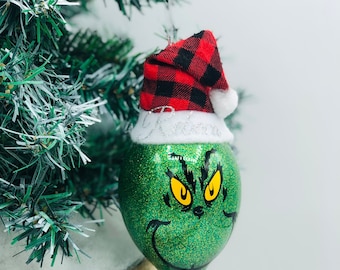 Grinch ornament, Grinch with Buffalo plaid Santa Hat, holiday gift, and chunky glitter Christmas , Perfect gift, gift for friend
