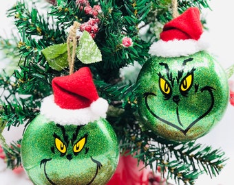 Grinch Ornament Shatter Proof or Glass Disc, Grinch With Santa Hat