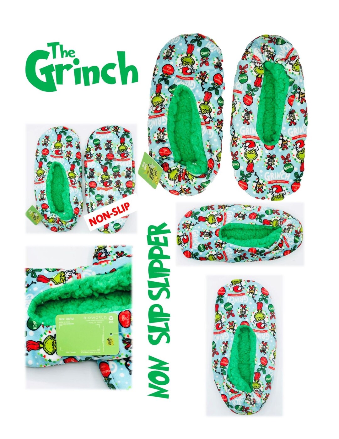 Dr. Seuss The Grinch Slipper Socks - Official Santa Grinch Slippers With Non-Slip Sole For Adults