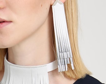 White Leather Fringe Earrings | Handmade Silver Accent Statement Jewelry | Upcycled Leather Earrings | Long Eco Friendly Dangle Earrings