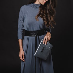 Obi Belt / genuine leather wrap / black leather wide wrap / tie belt recycled / wide sash belt plus size