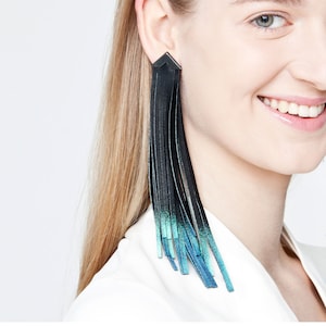 Turquoise leather tassel earring / designer statement jewellery / extra long fringe black and green