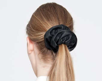 Genuine leather scrunchie / black recycled leather hair tie / designer hairwear