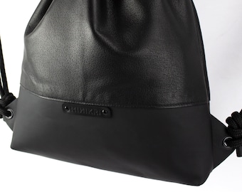 Designer leather bag, black drawstring backpack, handmade gymbag with rope handle