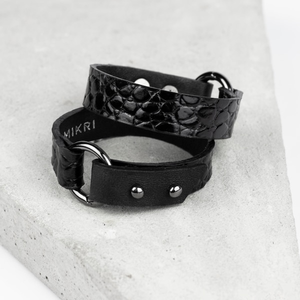 Bracelet noir en cuir véritable avec bague poignet femme bracelet minimal personnalisé