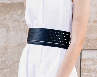 Black leather adjustable belt waistband band minimal hollow out laser cut recycled leather