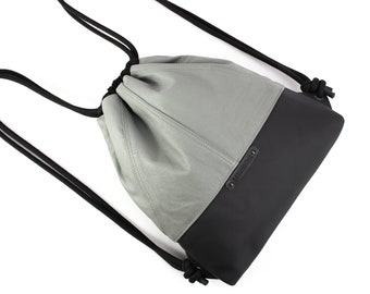 Designer leather bag, black and gray drawstring backpack, handmade gymbag with rope handle