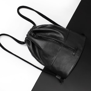 Designer bag, genuine leather black backpack, drawstring gymbag black with zipper, rucksack with rope handle, recycled leather
