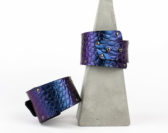 Recycled Leather Wide Purple Bracelet | Genuine Leather Holographic Bangles | Handmade Designer Statement Cuff | Eco-Friendly Jewelry Gift