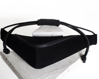 Bolso de diseño, bolso festival de cuero genuino, bolso de cintura con asa de cuerda, bolso de trasero minimalista negro, bolso nudo de cuero reciclado