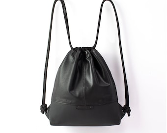 Designer leather bag, black drawstring backpack, handmade gymbag with rope handle