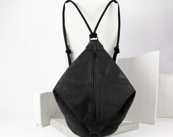 Convertible backpack, recycled black gymbag with zipper, triangle shaped rucksack with rope handle, leather designer bag