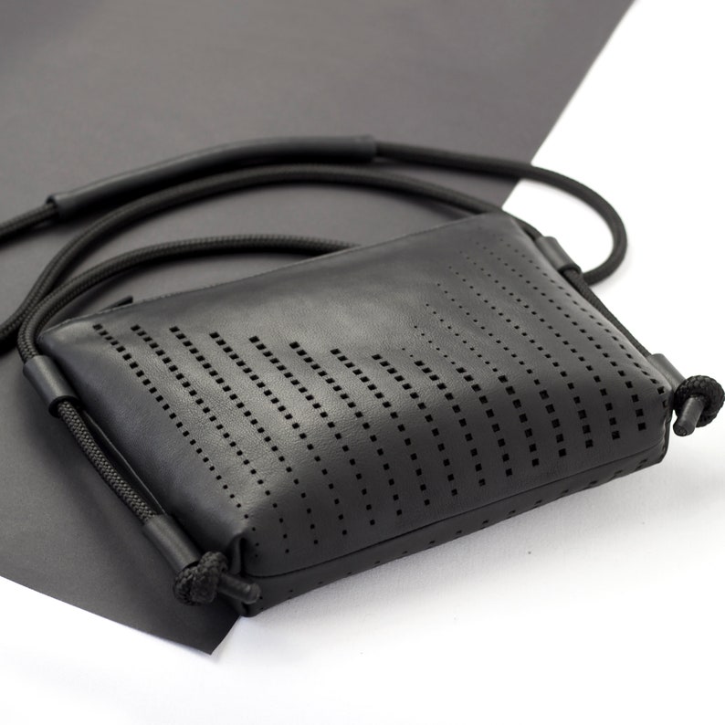 Black leather clutch purse pouch crossbody bag laser cut Etsy