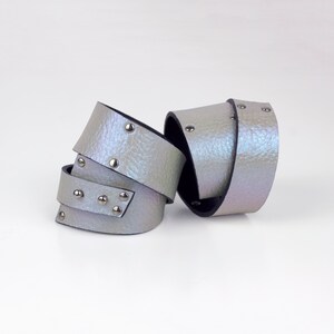 Recycled genuine leather wide cuff bracelet statement bangle iridescent holo holographic double wrap image 3