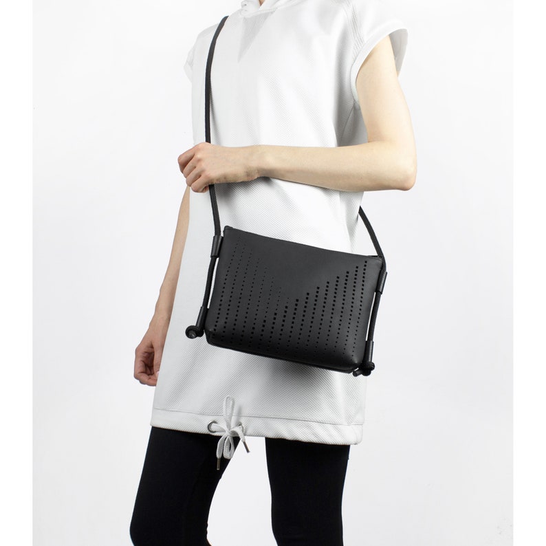 Designer clutch genuine leather white purse / pouch / crossbody bag laser cut recycled leather with rope handle image 4