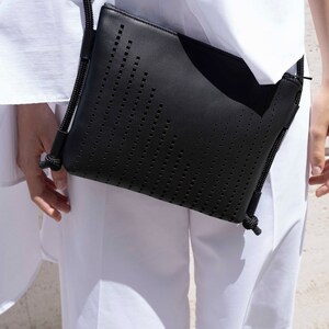 Designer clutch genuine leather white purse / pouch / crossbody bag laser cut recycled leather with rope handle image 7