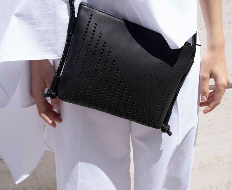 Designer clutch genuine leather white purse / pouch / crossbody bag laser cut recycled leather with rope handle image 7
